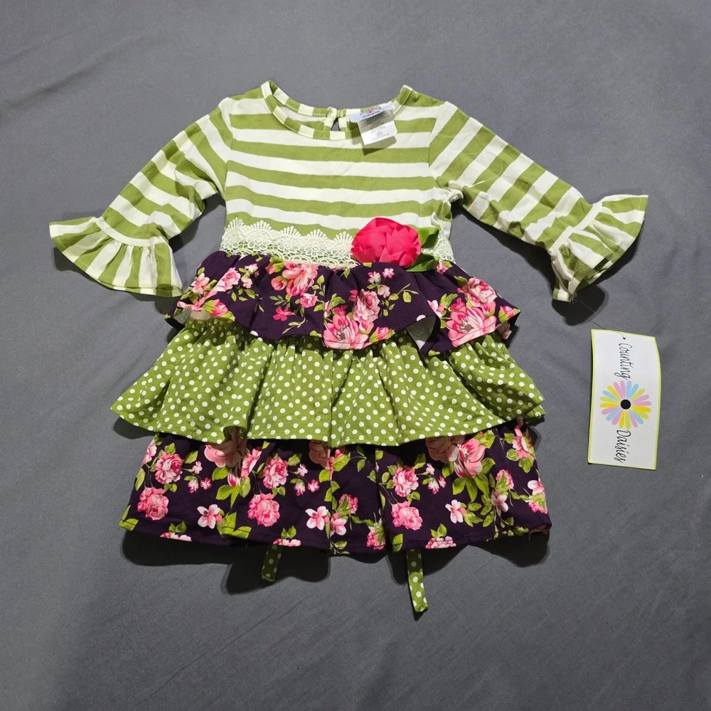 Counting Daisies Ruffle Dress Girls 4T Olive Floral Stripe Polka Dot F788651